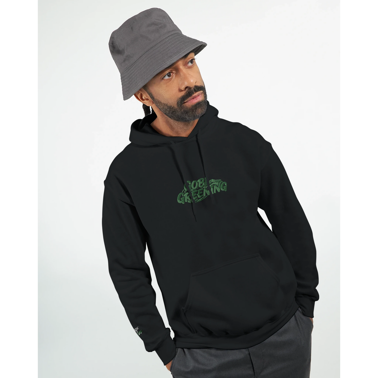 Eco embroidery black hoodie that helps plant trees in Mongolia’s Gobi Desert.